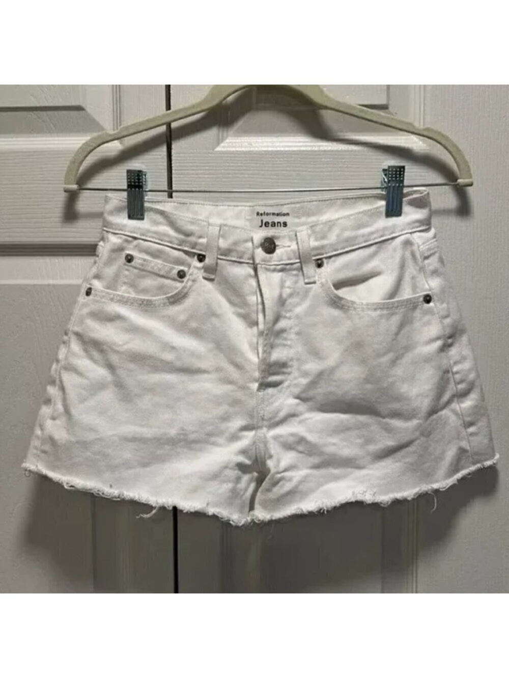Reformation White Dixie High Rise Jean Shorts White with Raw Hem & Button Fly 24
